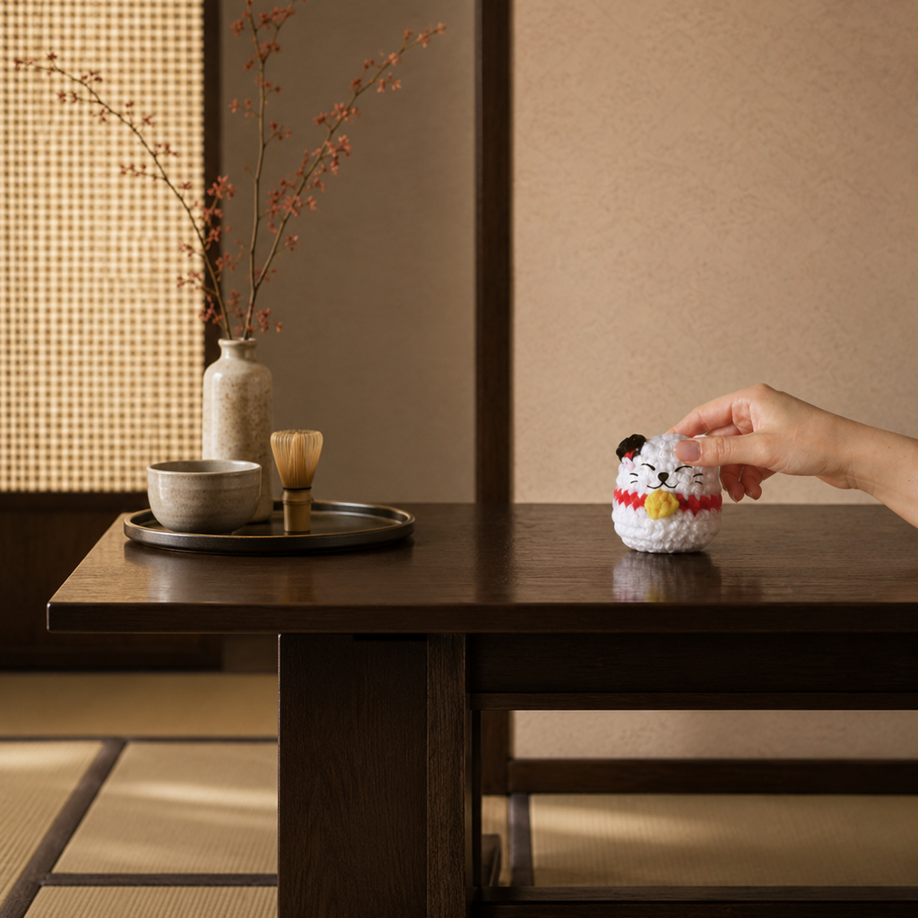 Lucky cat catnip toy. Hand holding Gogo the Lucky Cat Chunkle Puff cat toy for indoor cats on modern coffee table showing toy size and scale