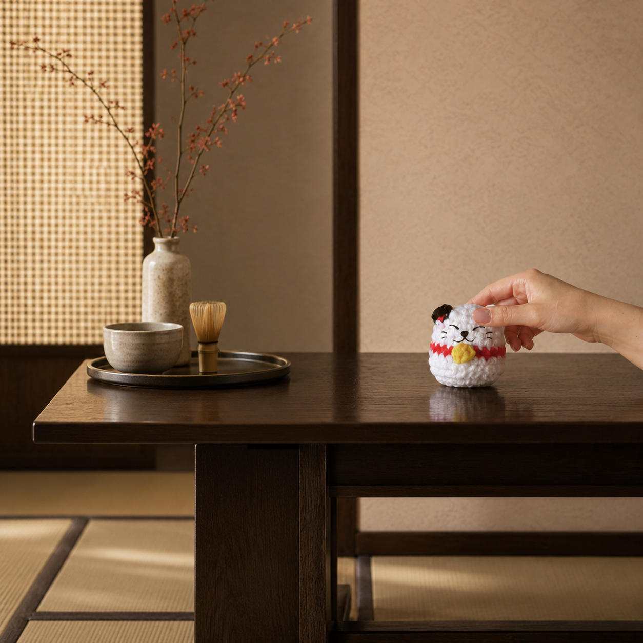 Lucky cat catnip toy. Hand holding Gogo the Lucky Cat Chunkle Puff cat toy for indoor cats on modern coffee table showing toy size and scale