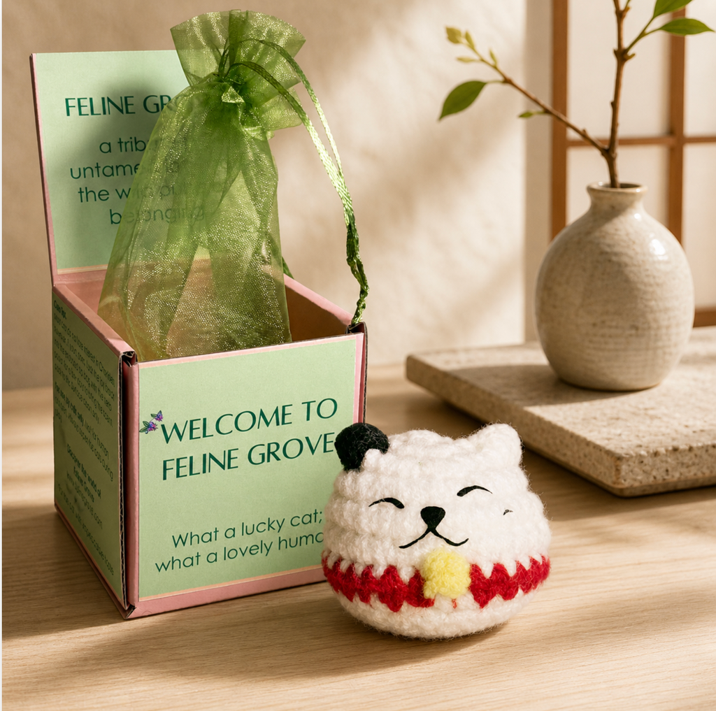 White woven cat toy with embroidered face and red collar detail, shaped like a round lucky cat, placed beside a pastel green and pink Feline Grove box with organza bag inside, set on a neutral fabric surface.