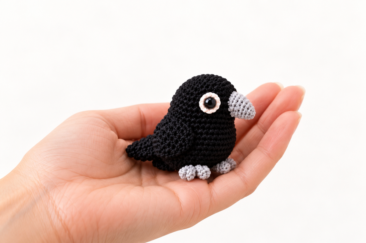 handmade cate toy. A small crocheted halloween cat toy shaped like a raven with a gray beak, feet, and a white-and-black eye, resting on an open human hand against a plain white background.