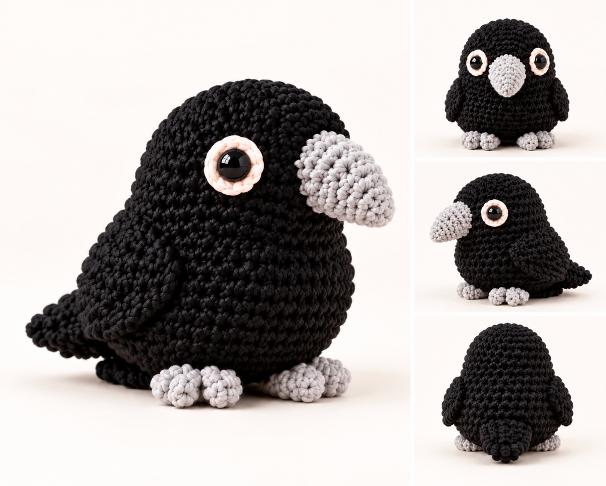 handmade cat toy halloween raven. A crocheted black bird plush cat toy shown on a clean white background, with three smaller inset views on the right showing different angles. The bird has a black textured body, a light gray beak and feet, and a large round eye with a pale pink ring around the black pupil.