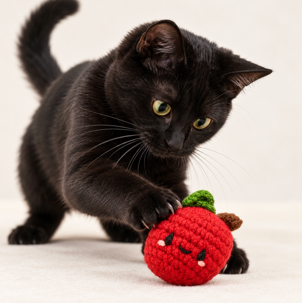 cat toy red apple with black face details a brown stem and a green leaf being played with by a juvenile black kitten in a plain tan room