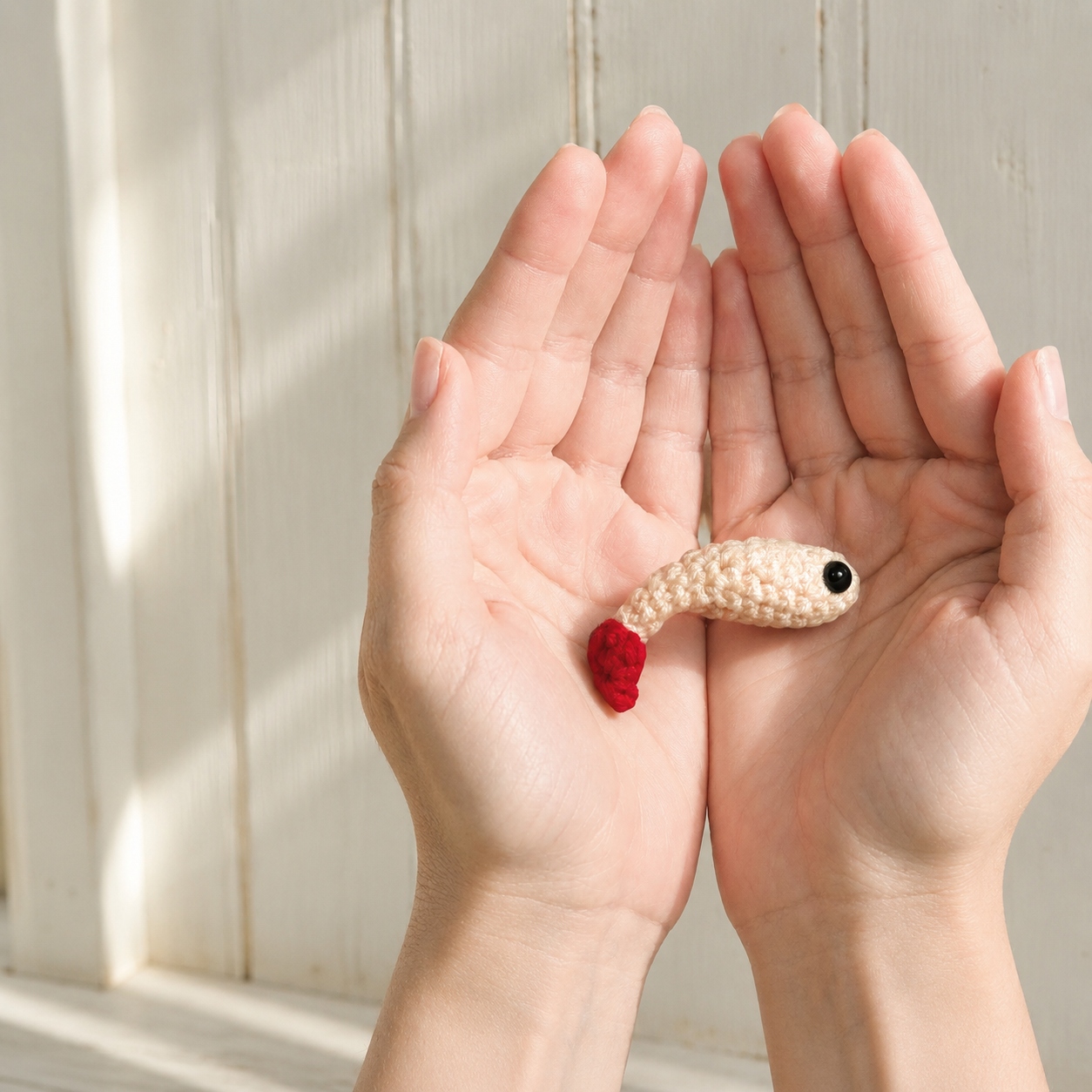 Small woven shrimp cat toy resting in open hands, ivory yarn body with red tail tip, compact lightweight size ideal for batting, carrying, and bunny kicking, Chunkle & Puff toy infused with Miracle Nip