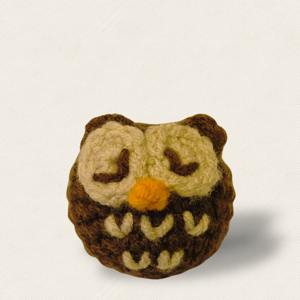 Catnip alternative cat toy. Biscuit the pygmy owl  hero image on light background with dramatic shadow