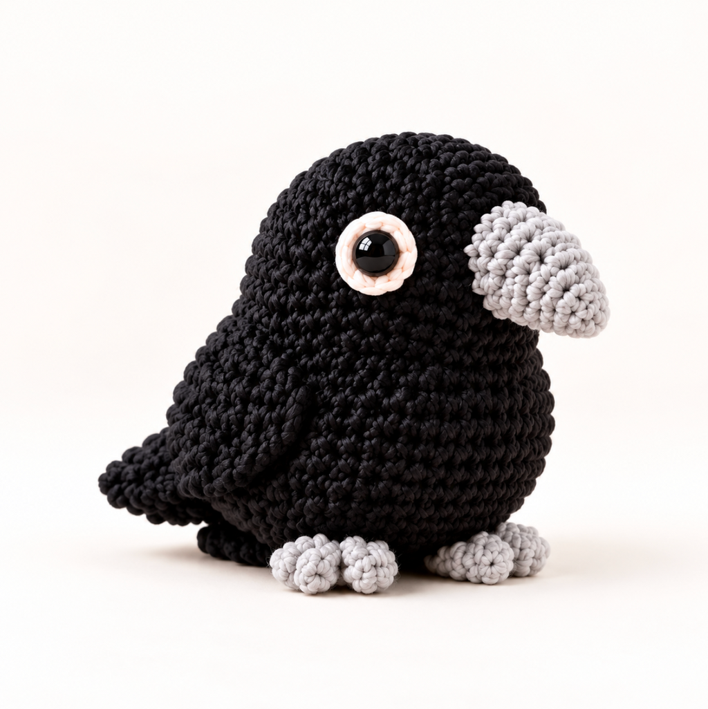 halloween cat toy. A black crocheted raven crocheted toy with a light gray beak, feet, and eye patch, photographed on a clean white background.