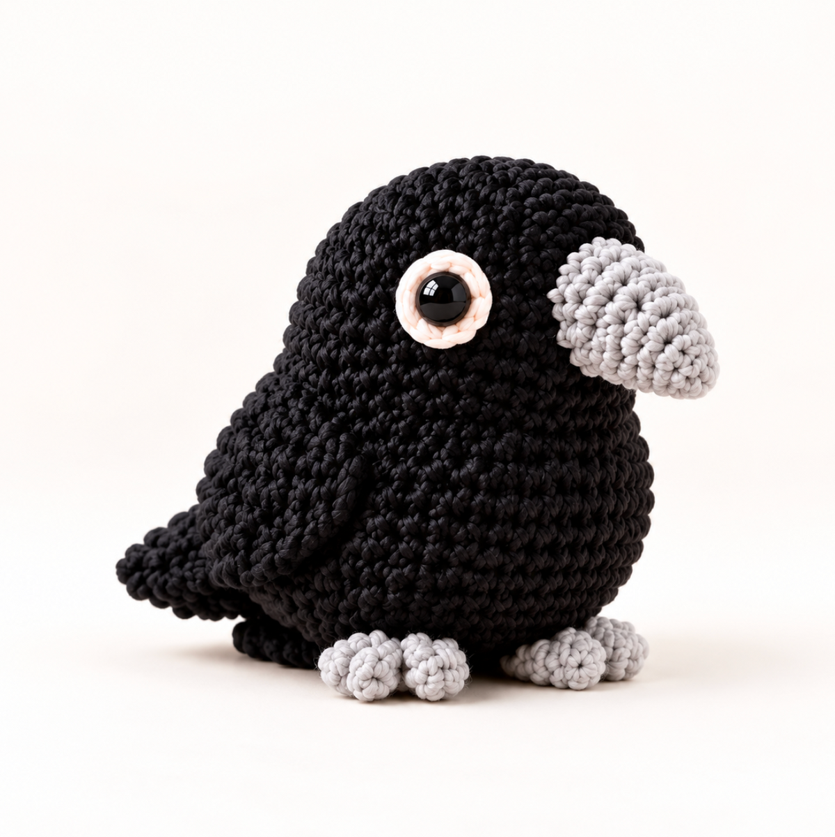 halloween cat toy. A black crocheted raven crocheted toy with a light gray beak, feet, and eye patch, photographed on a clean white background.