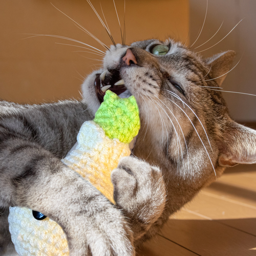 Tabby cat gripping Corbin the Onion Chunkle Chunk cat toy by Chunkle & Puff while bunny kicking and biting, demonstrating scent-driven engagement with the botanical enrichment toy