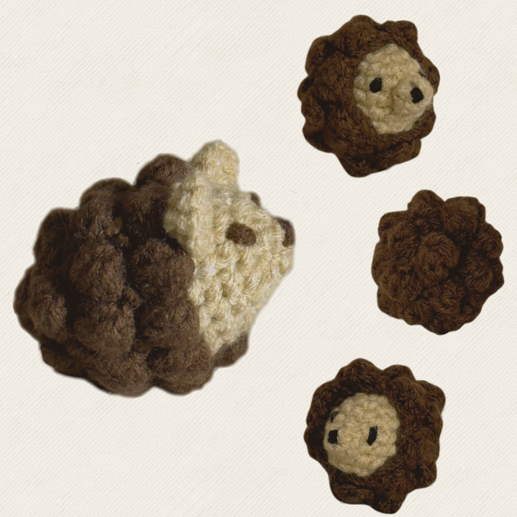 Multi-angle view of hedgehog cat toy set Dan and Nina showing textured woven construction, artisan botanical cat toys for indoor cats, luxury enrichment toys designed for independent play and scent-driven stimulation