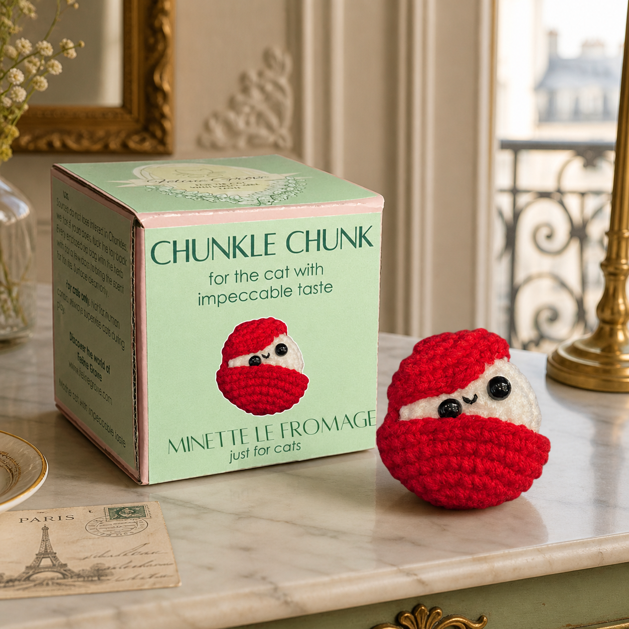 Minette le Fromage French cat toy shaped like mini waxed cheese shown with packaging
