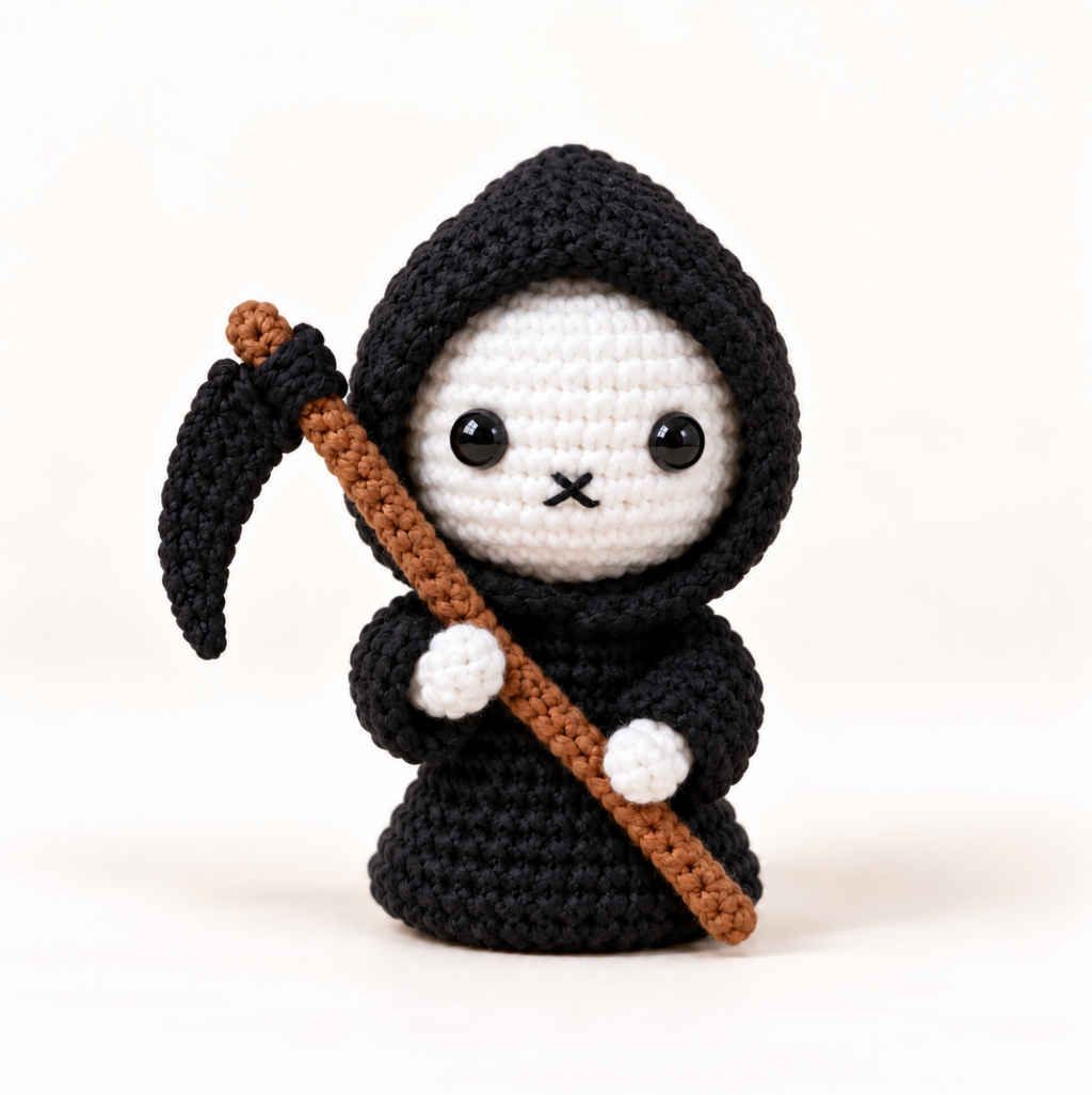 halloween amigurumi cat toy. A crocheted amigurumi-style grim reaper toy holding a brown scythe, photographed against a clean white studio background.