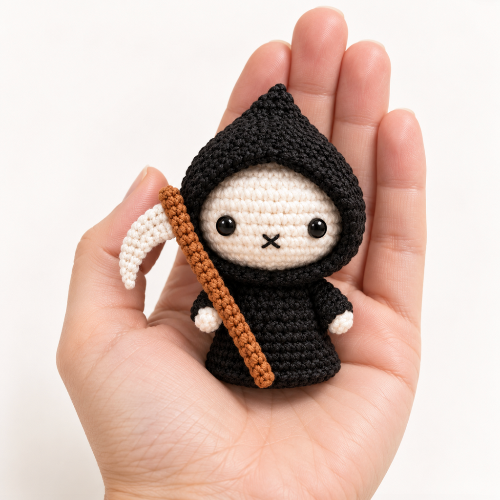 grim reaper cat toy. A small crocheted grim reaper shaped amigurumi cat toy is held in a person's hand against a clean white background. The doll has a black hooded body, a cream-colored face and hands, and holds a brown scythe.