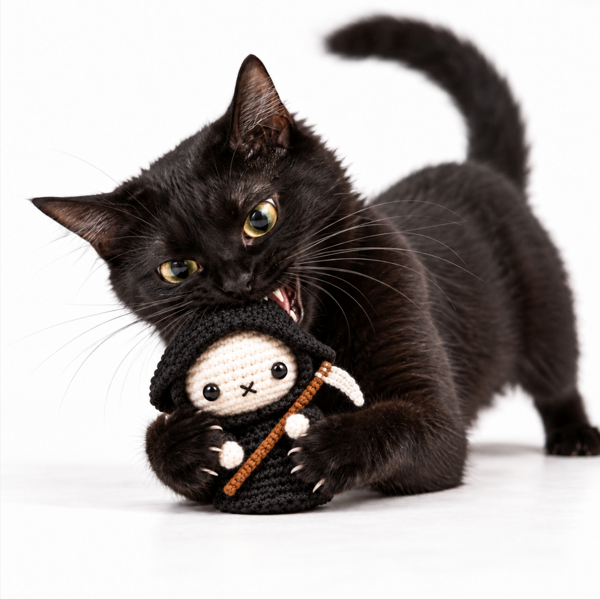 botanical cat toy with cat. A black cat with yellow eyes playfully biting and holding a small crocheted plush cat toy shaped like a grim reaper with a black hood, and a scythe set against a seamless white background.