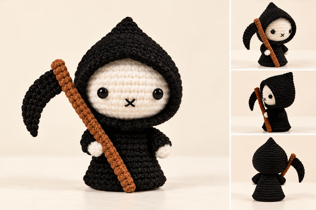halloween cat toy grim reaper. Crocheted amigurumi grim reaper handmade cat toy with a black hooded robe, white face, and brown scythe, shown on a warm beige background with three smaller side views of the same doll from different angles.