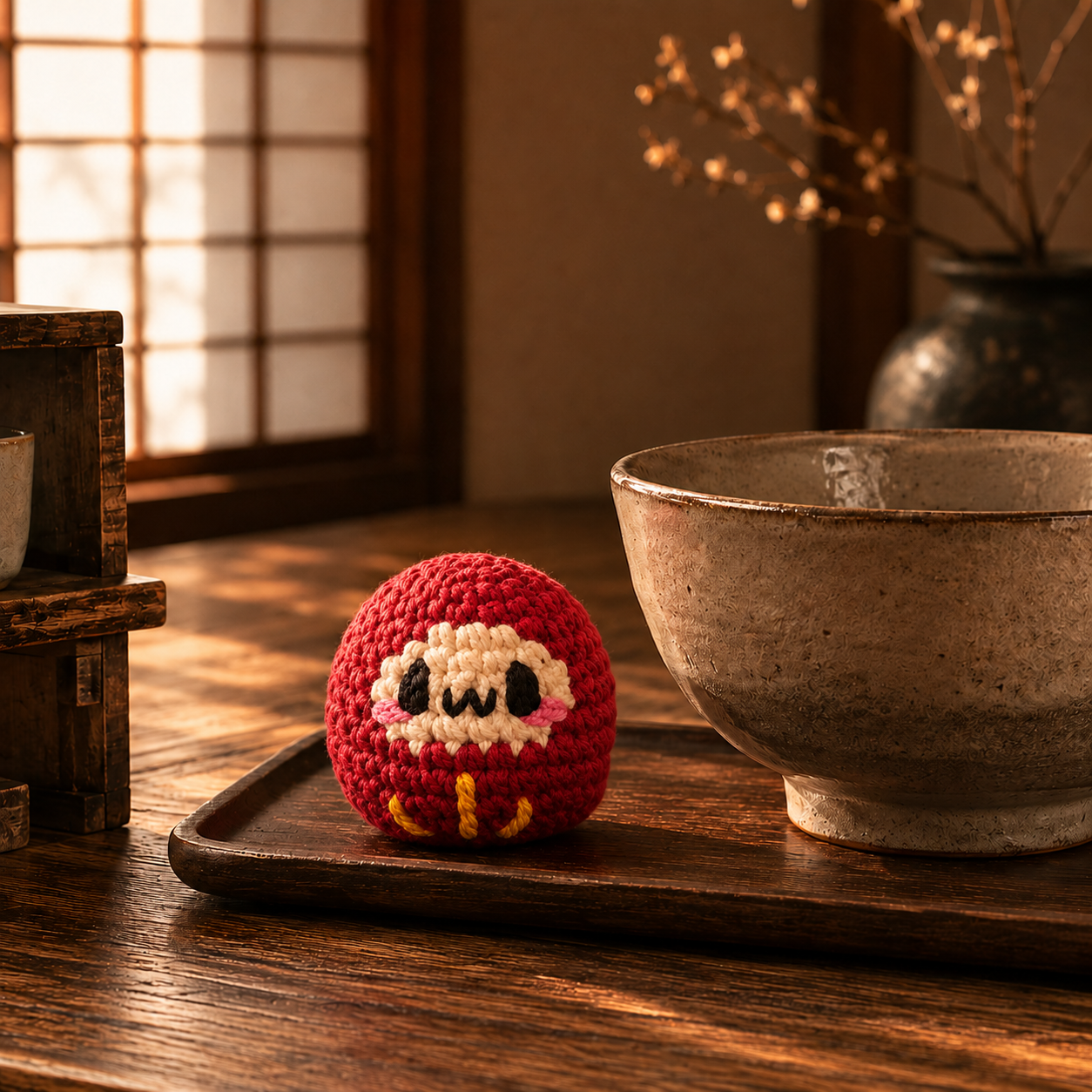 Japanese Cat Toy Daruma Doll. Red Daruma Doll shaped cat toy beside handmade japanese bowl in dark wood room.