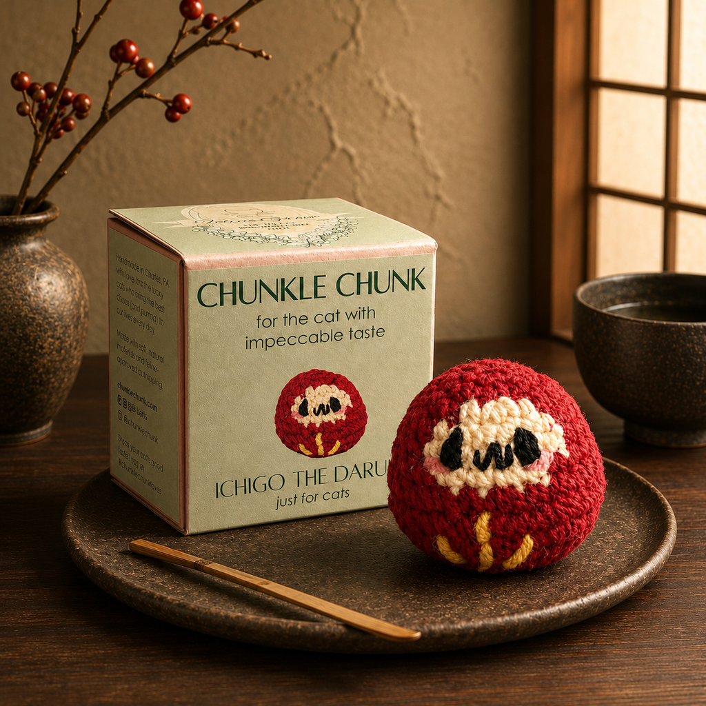 Japanese cat toy red daruma doll. Red woven Daruma cat toy beside Chunkle Chunk packaging on a stone surface with a sage green textured wall, ceramic vase, and neutral home decor.