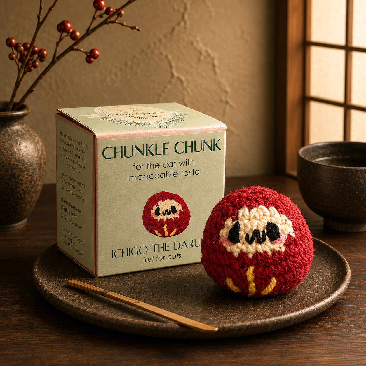 Japanese cat toy red daruma doll. Red woven Daruma cat toy beside Chunkle Chunk packaging on a stone surface with a sage green textured wall, ceramic vase, and neutral home decor.
