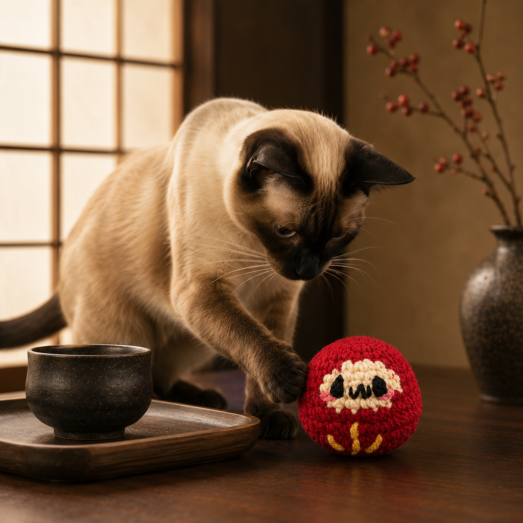 Japanese Cat Toy Daruma Doll With Kitten. Sleek siamese cat batting a red daruma doll cat toy, shown suspended nearby against a softly blurred indoor background.