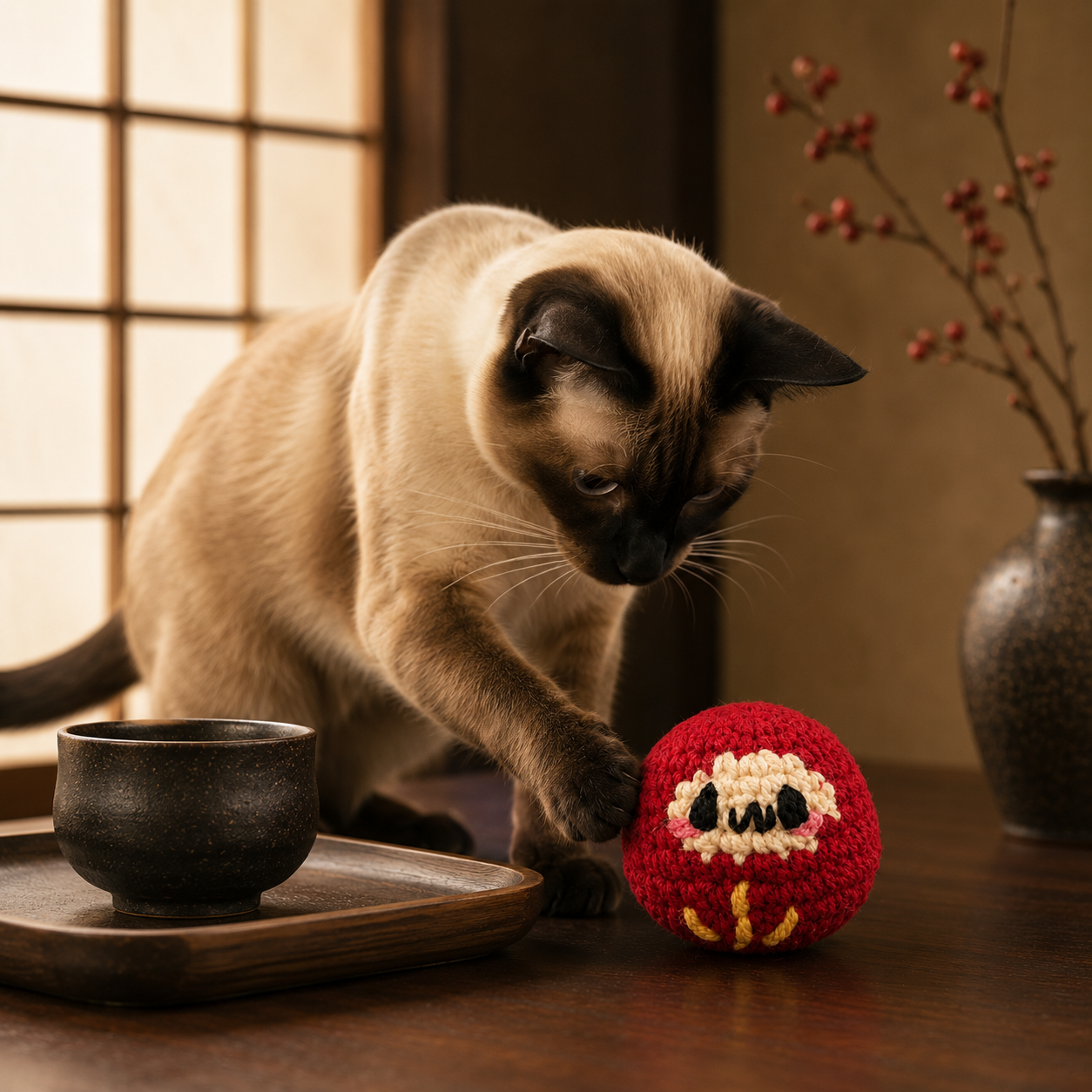 Japanese Cat Toy Daruma Doll With Kitten. Sleek siamese cat batting a red daruma doll cat toy, shown suspended nearby against a softly blurred indoor background.