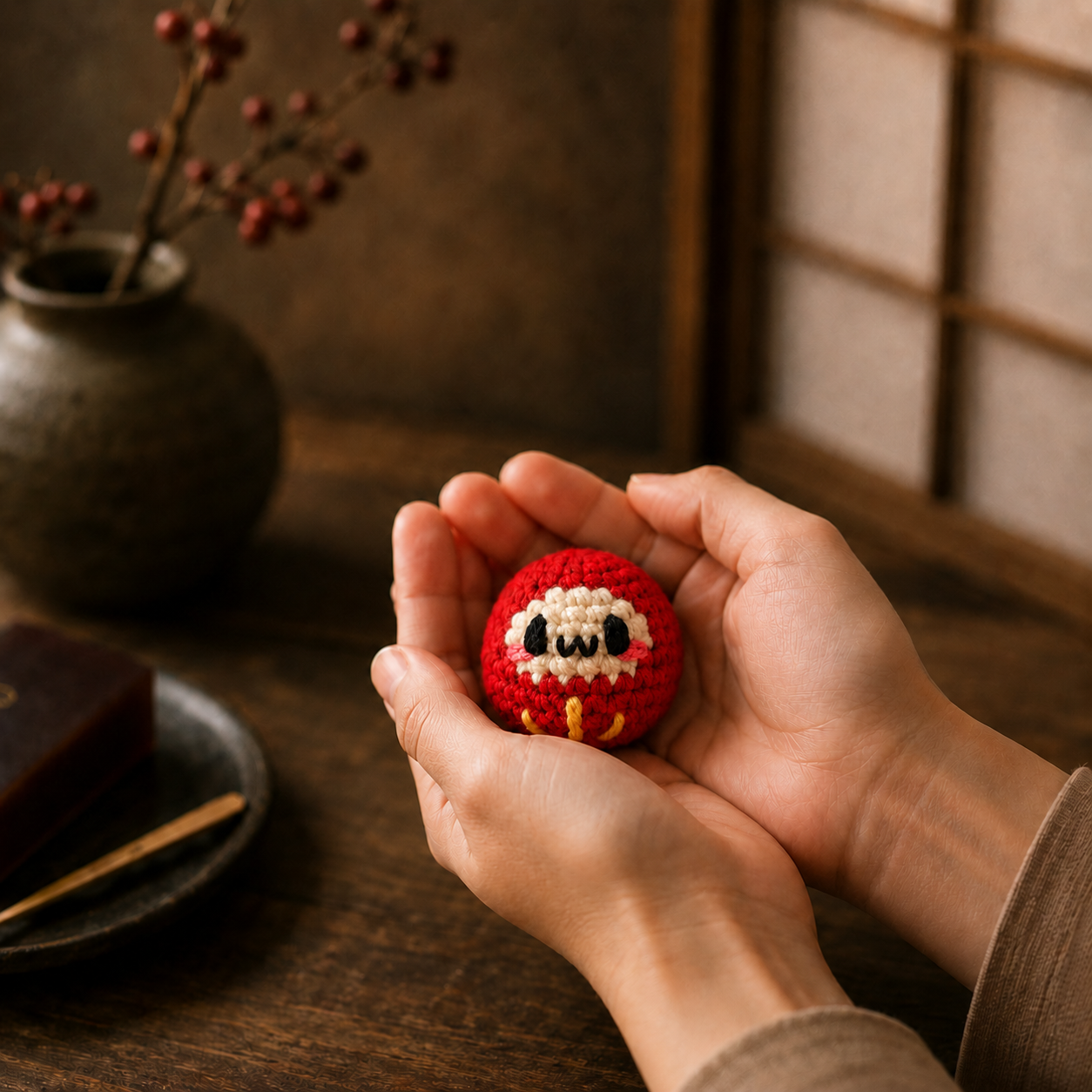 Japanese cat toy scale image red daruma. Red woven Daruma cat toy with cream face, black features, pink cheeks, and yellow accents cradled in two hands against a soft sage green background.