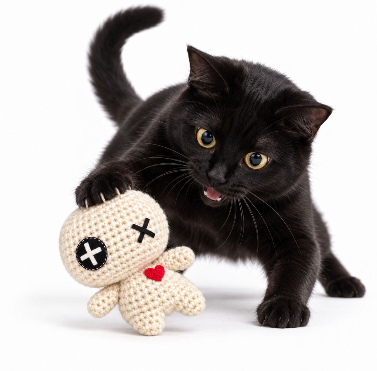 Halloween cat toy voodoo doll with a black kitten with yellow eyes playfully biting and pawing at a small cream-colored crocheted voodoo doll cat toy with a red heart on its chest, set against a solid white background.