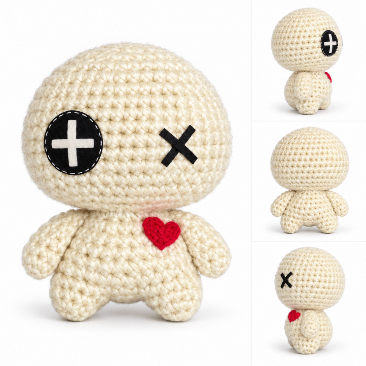 handmade halloween cat toy rex the voodoo doll and adorable white chibi doll with one button eye, one x eye, and a red heart on a tiny body with a huge head