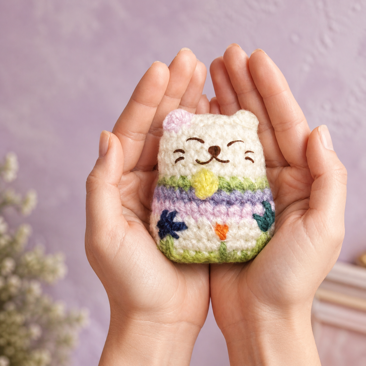 Springtime colored lucky cat toy cradled in hands, compact palm-sized form with soft textured stitches and pastel floral detailing, designed for batting and carrying, artisan Chunkle & Puff cat toy infused with Miracle Nip botanical catnip alternative blend