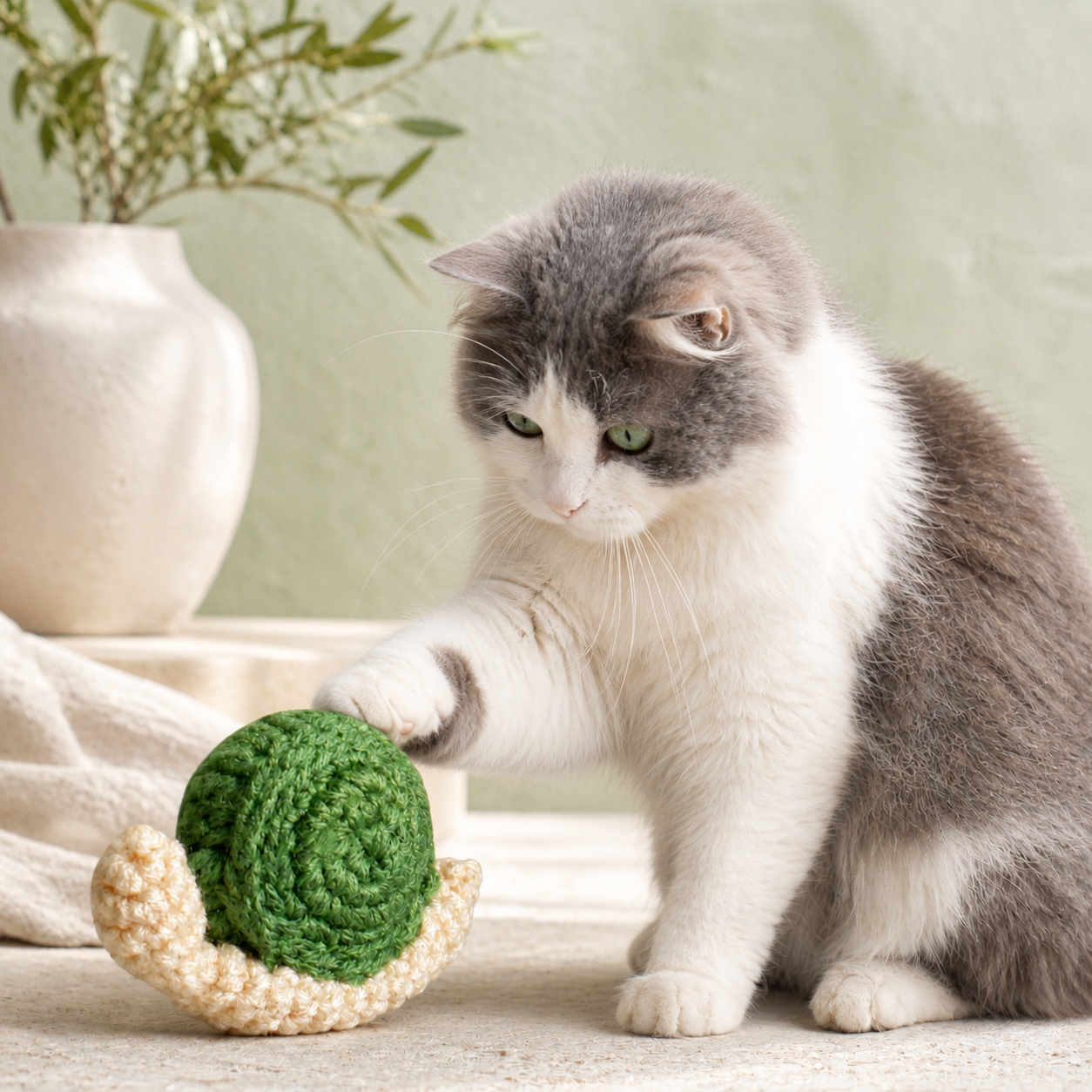 Snail cat toy being batted by gray long-haired cat. The snail toy has a green spiral shell, compact shape designed for stalking and pouncing, soft textured surface for grip and play, Chunkle & Puff toy with Miracle Nip