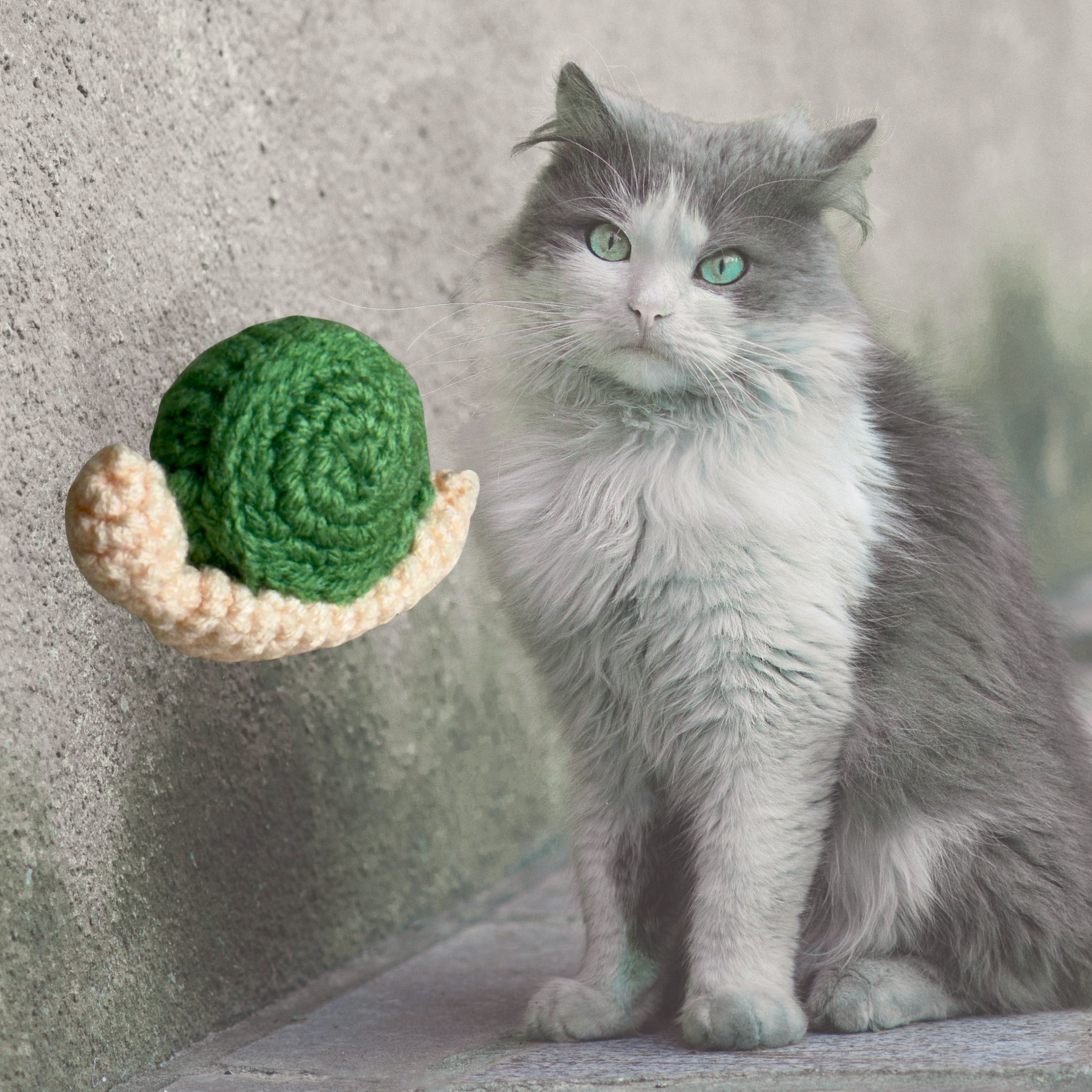 Gray long-haired cat noticing woven snail toy with green spiral shell, compact shape designed for stalking and pouncing, soft textured surface for grip and play, Chunkle & Puff toy with Miracle Nip
