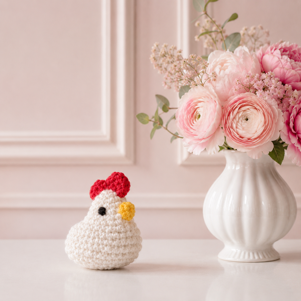 Chunkle Cat Toy Hen On Table. Cabbage the Hen, a petite white hen-shaped Chunkle with a red comb and yellow beak, displayed on a white tabletop beside a white vase of pink peonies in a soft home setting.