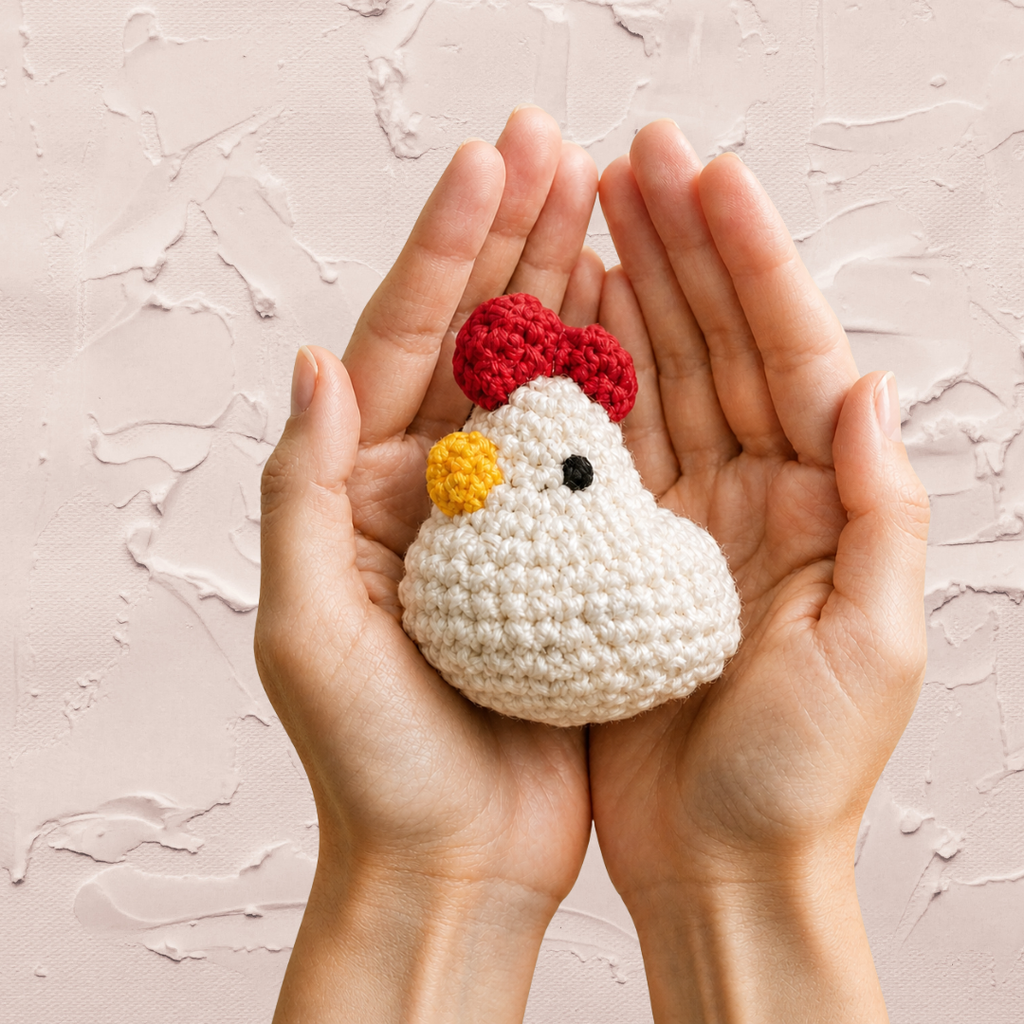 Cat Toy Hen Scale Image with Hands. Cabbage the Hen, a tiny white hen-shaped Chunkle with a plush woven texture, red comb, and yellow beak, resting in two cupped hands to show her small, palm-sized scale.