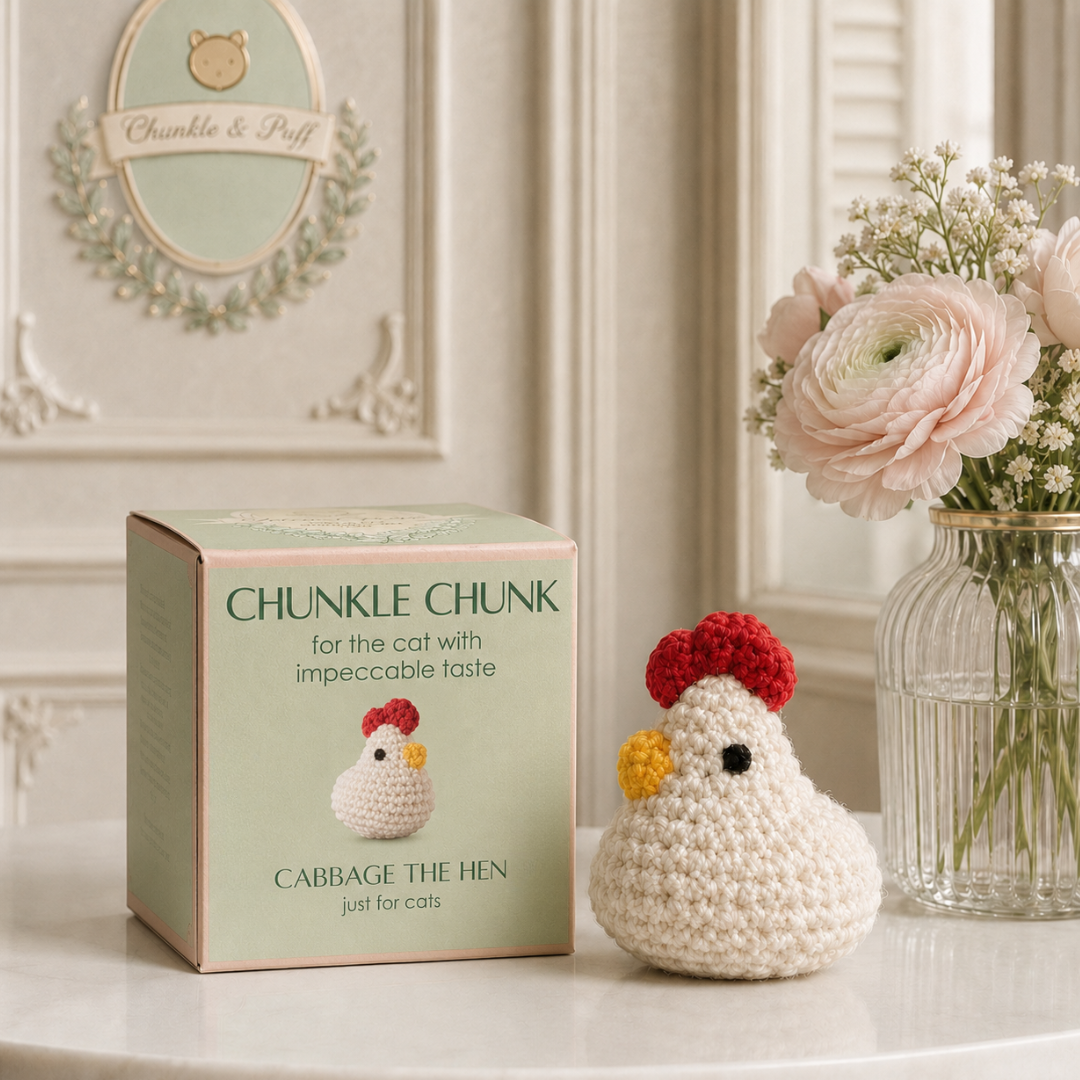 Luxury Cat Toy Hen With Packaging. Cabbage the Hen, a small white hand-woven hen-shaped Chunkle with a red comb, yellow beak, and black eye, posed beside her pale green branded box and a vase of flowers for scale and packaging detail.