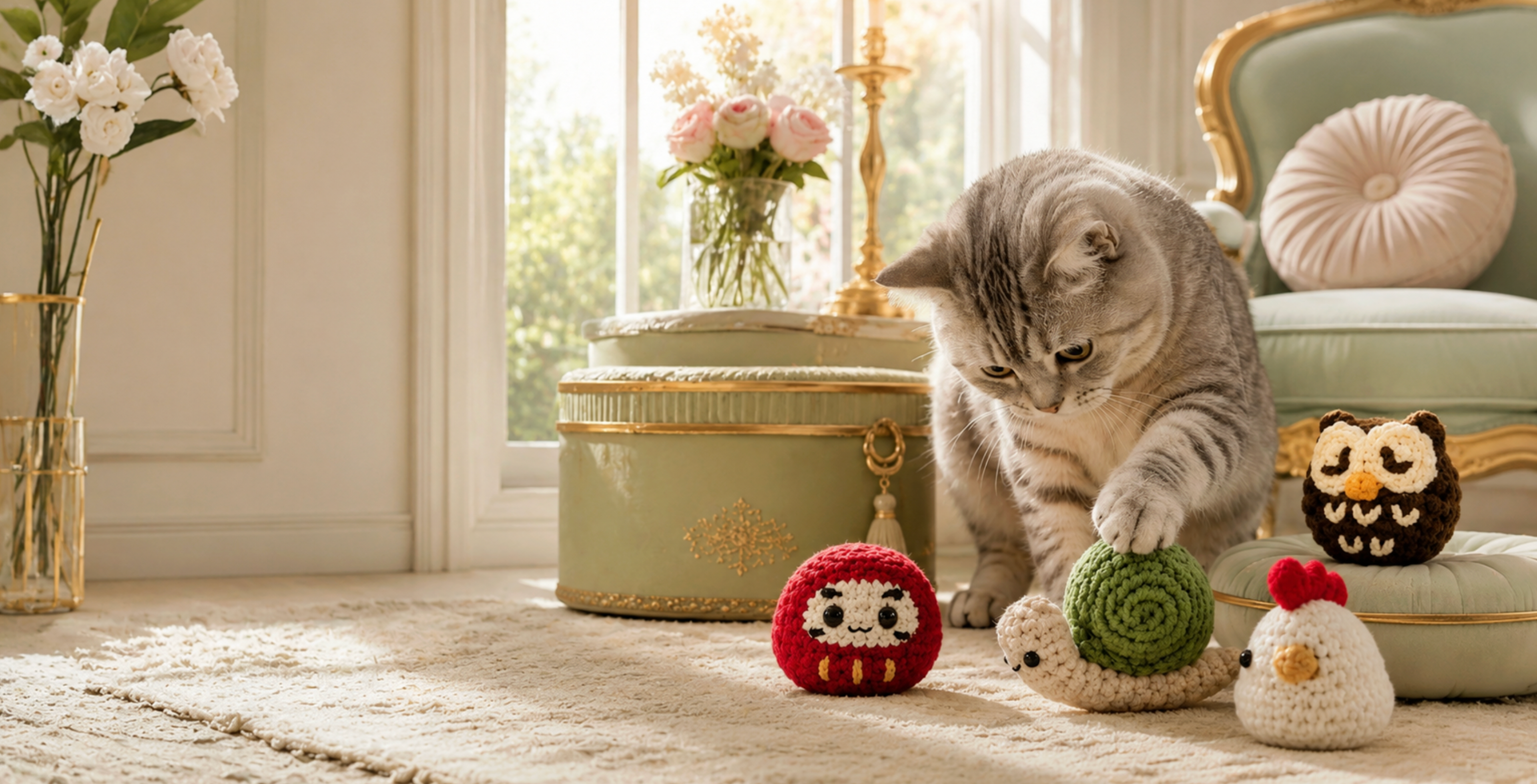 A gray tabby cat sits on a cream rug in a bright, elegant room, interacting with several handmade crocheted toys including a red daruma a green turtle, a white chicken, and a brown owl.