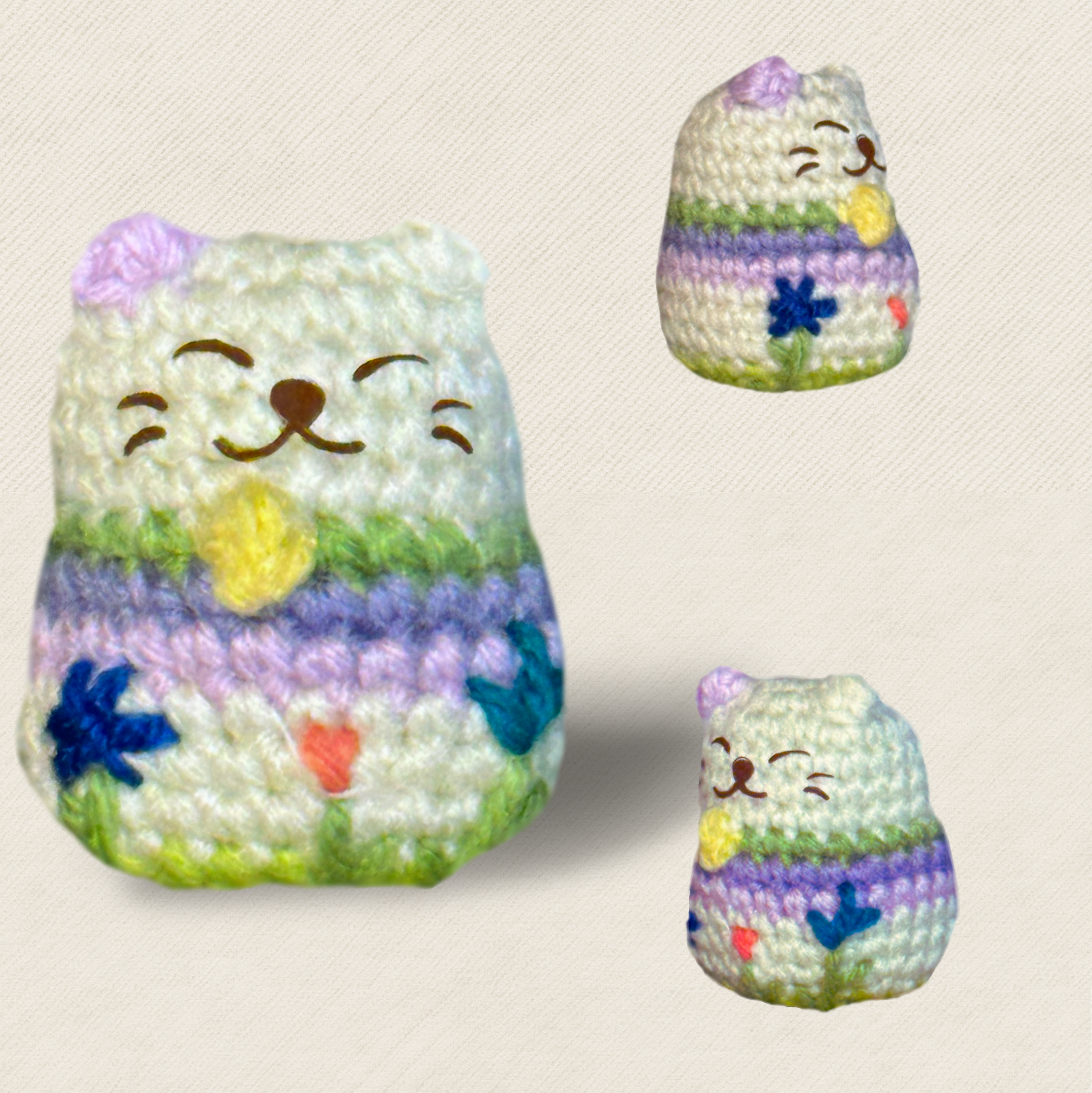 Multiple views of woven lucky cat toy showing rounded form, pastel stripes, and embroidered facial details, soft textured surface for grip and play, artisan Chunkle & Puff cat toy infused with Miracle Nip botanical cat blend
