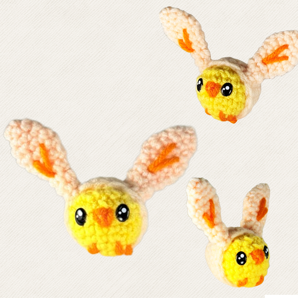 Multiple views of Wally the Chick cat toy showing rounded shape, stitched features, and long floppy ears; soft woven texture and compact size visible against neutral fabric background.