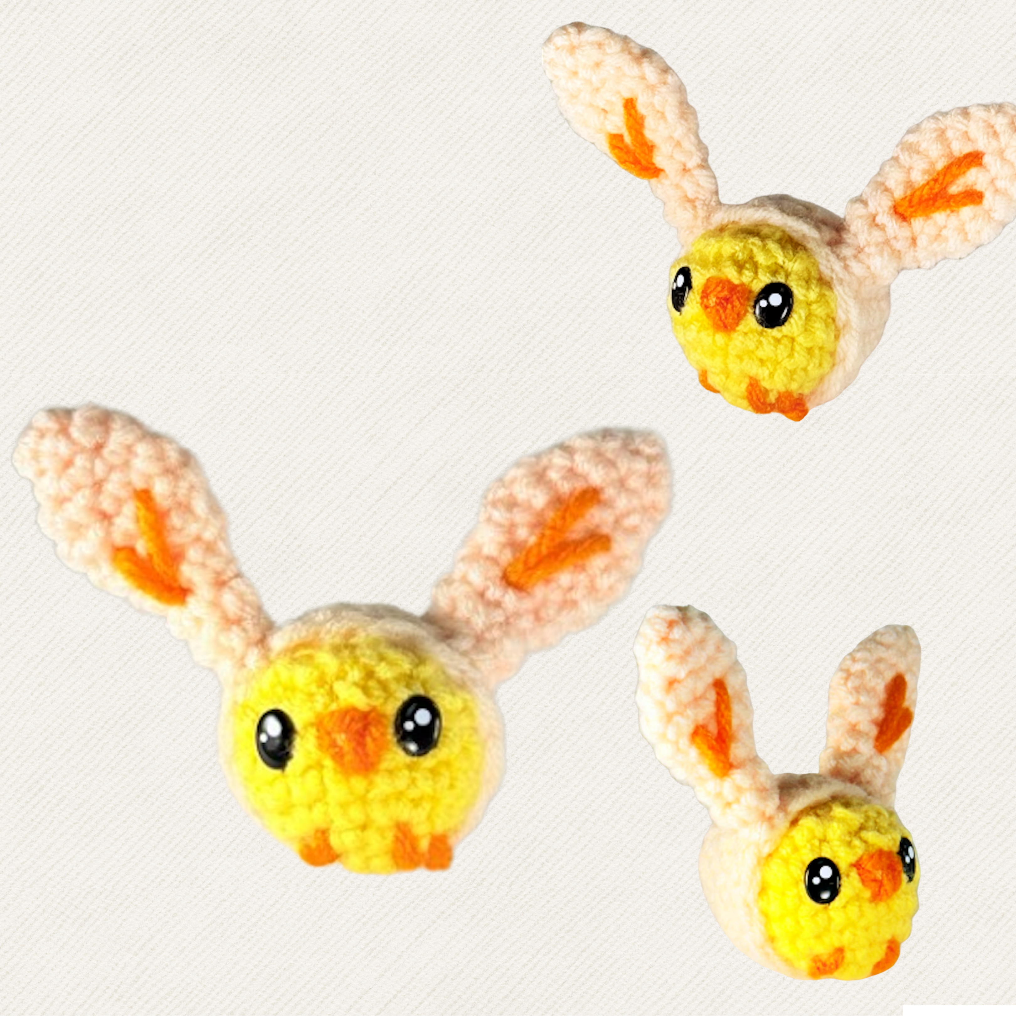 Multiple views of Wally the Chick cat toy showing rounded shape, stitched features, and long floppy ears; soft woven texture and compact size visible against neutral fabric background.