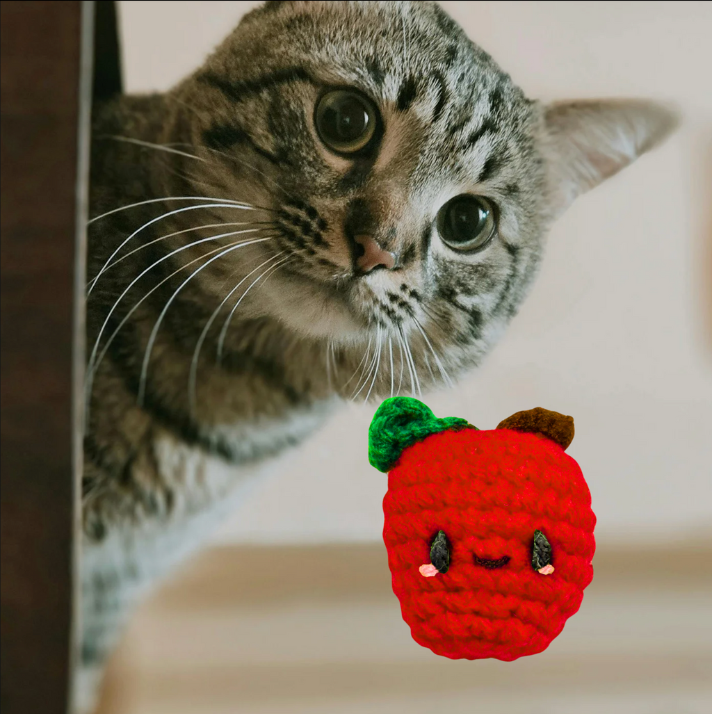 Red apple Chunkle Puff valerian cat toy with attack cat