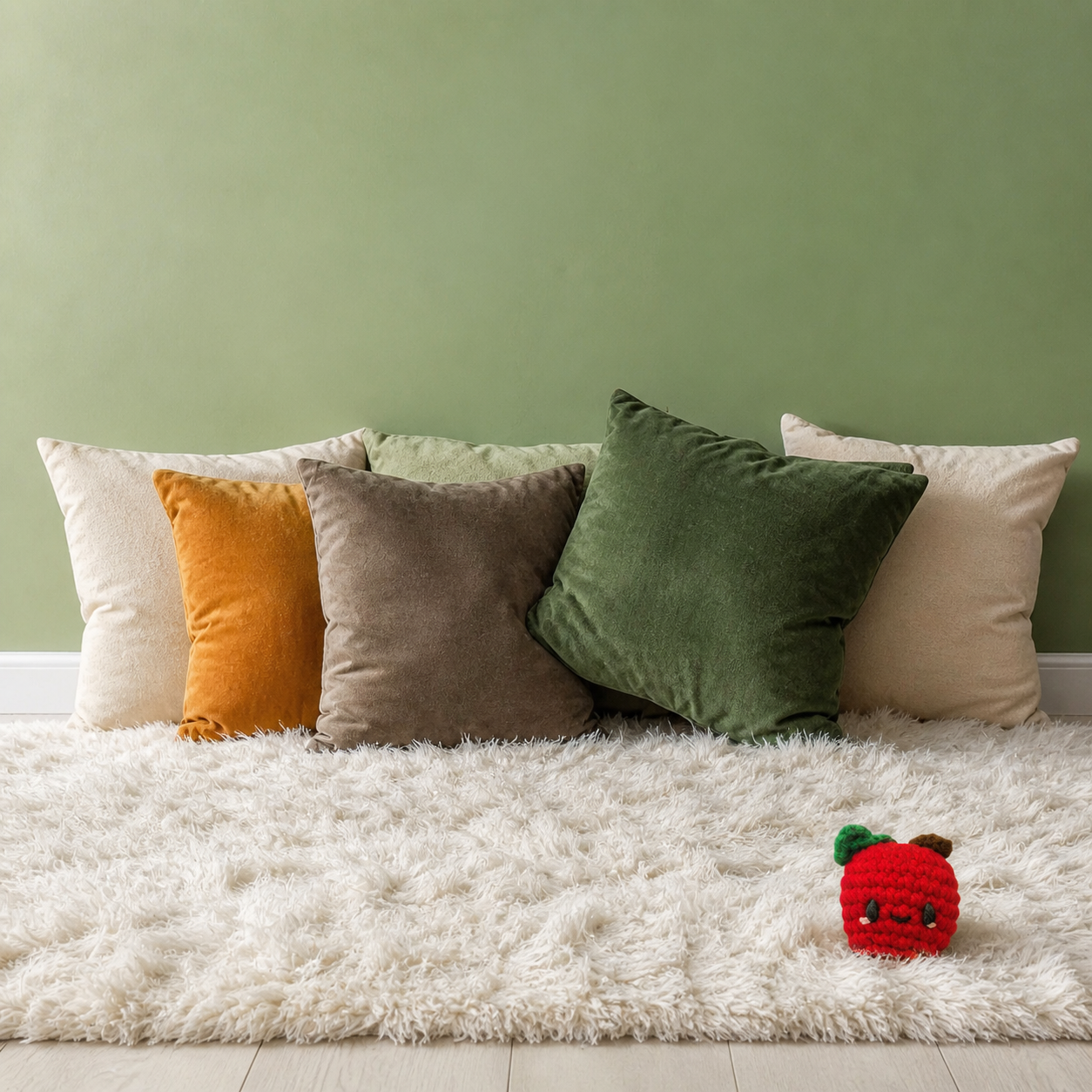 Red apple Chunkle Puff silvervine cat toy on fluffy white rug with autumnal colored pillows